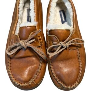 Lands End Leather Slippers Mens 9 Brown Fur Lined Lace Up Comfort Leisure Luxury